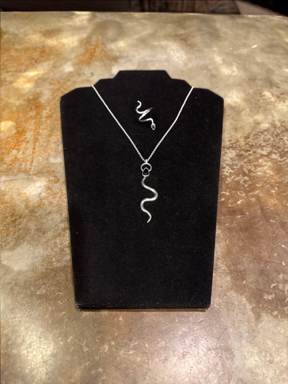 Silver Snake Pendant Necklace and Ring Set - Silver